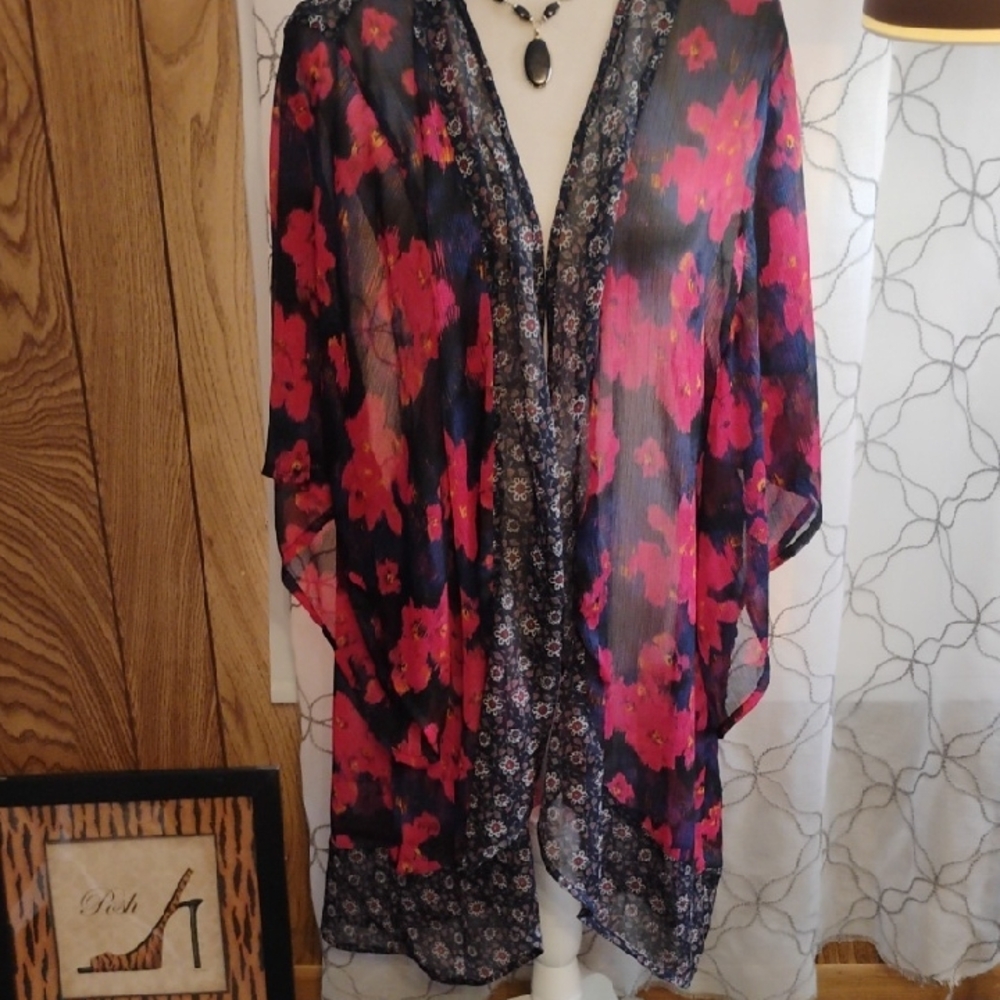 Sheer Black Floral Kimono Cover-Up with Pink Bloom Print